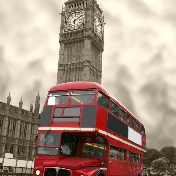 Aged big ben with a classic london bus in red orig