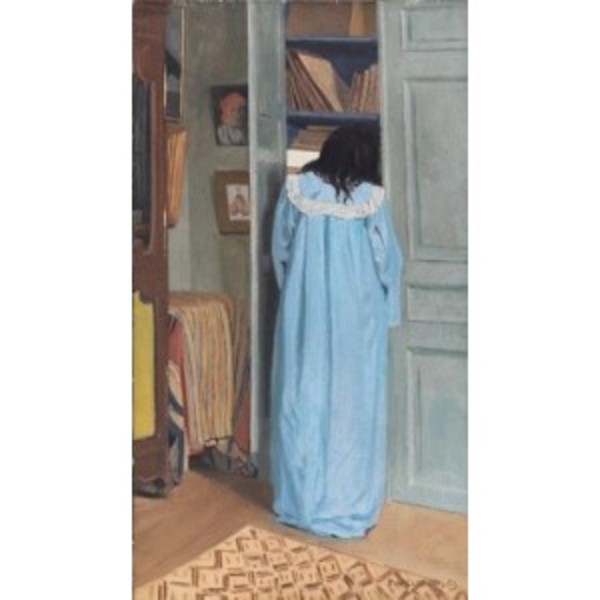 Interieur femme en bleu fouillant dans une armoire une reproduction de vallotton felix