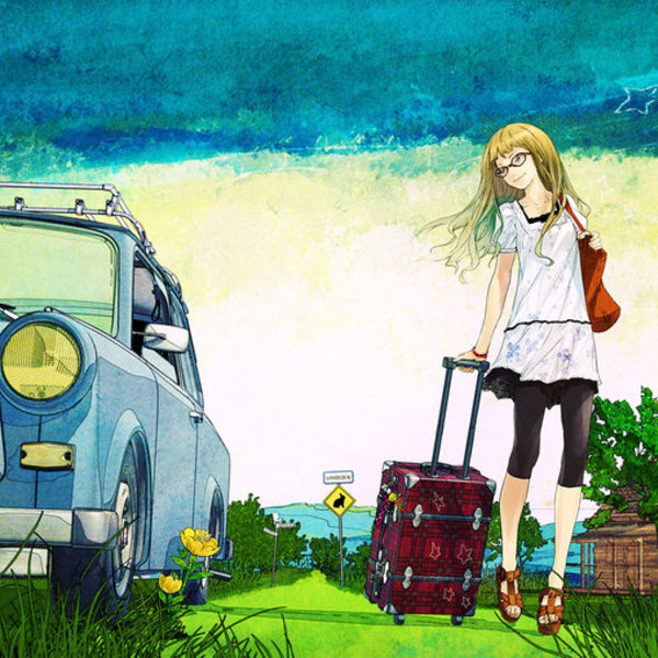 Blonde with suitcase devushna suitcase summer trees dirt road old car drawing art p
