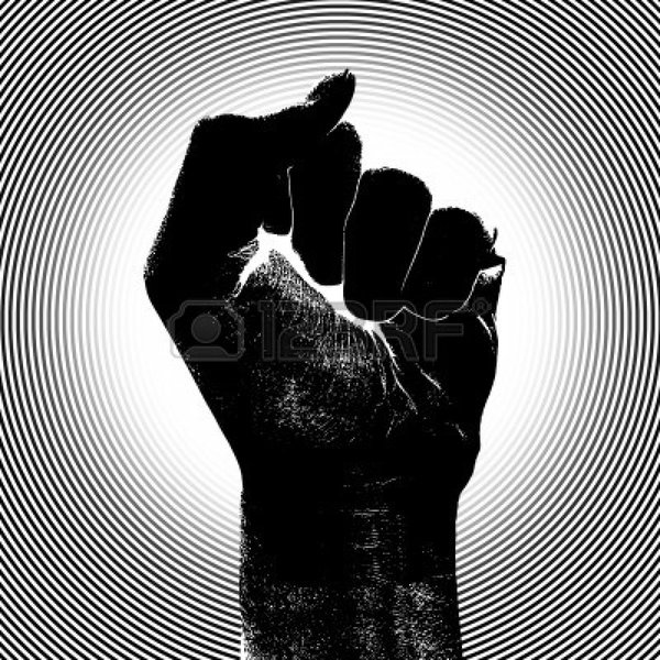 8435057 black fist raising his clenched fist with a bar code printed on his wrist