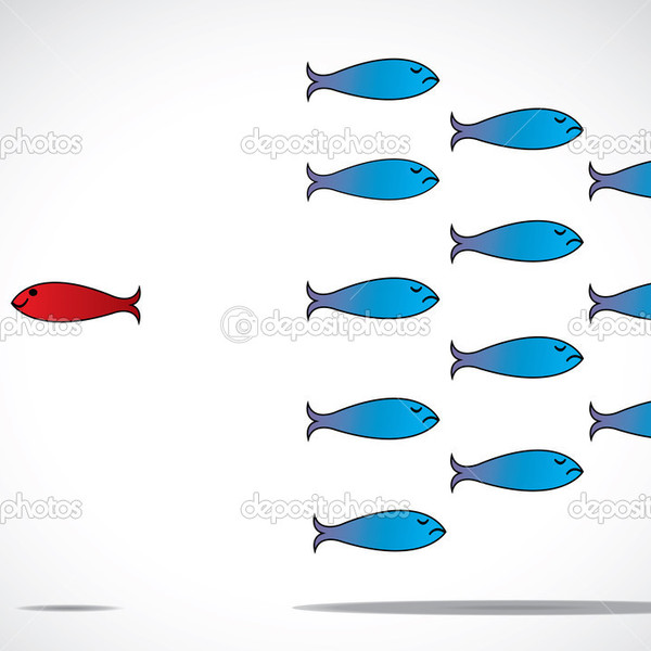 Depositphotos 38869269 a sharp smart alert happy red fish with open eyes going in the opposite direction of a group of sad blue fishes with closed eyes  be different or unique concept design vector illustration