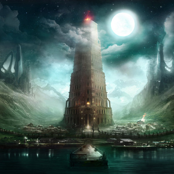 141648  art the tower the plant a marina moon clouds mountains houses night fire tower prison p