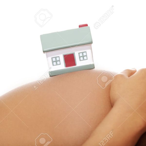 12111226 naked belly closeup of a pregnant woman with a house on the top isolated on a white background  stock photo