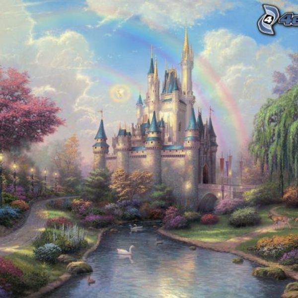 Castle  rainbow  stream  swans  park  fairy tale land 157546