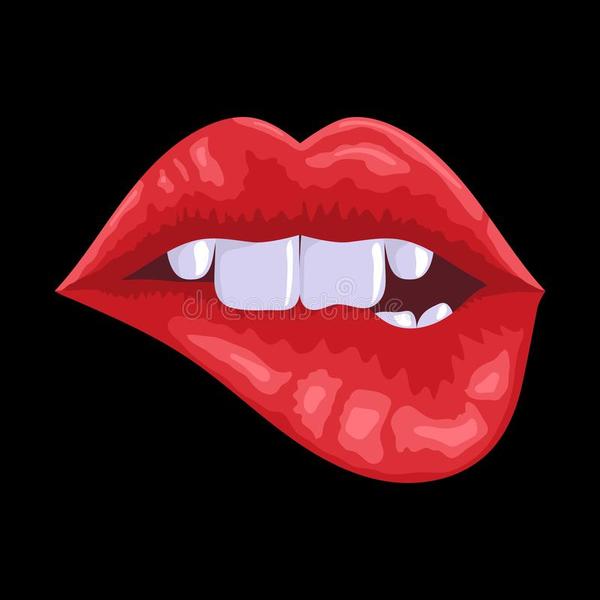 Une bouche femelle peinte avec l%c3%a8vre mordue sur un fond noir pour votre conception logo mode 127132163