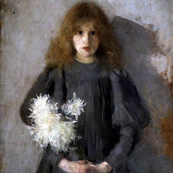 Olga boznanska girl with chrysanthemums