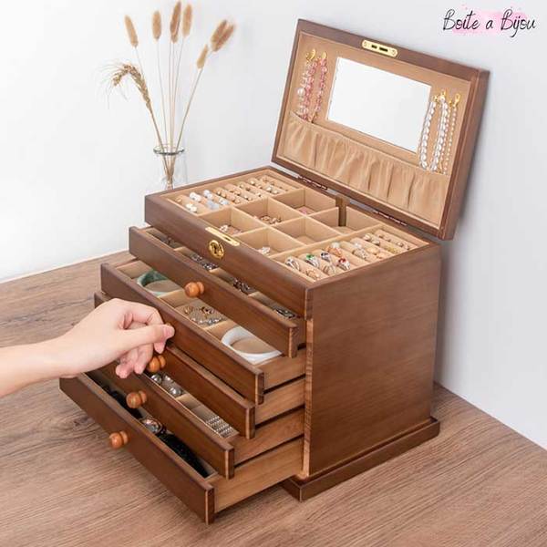 Boite a bijou en bois pour femme ou fille avec miroir et porte collier