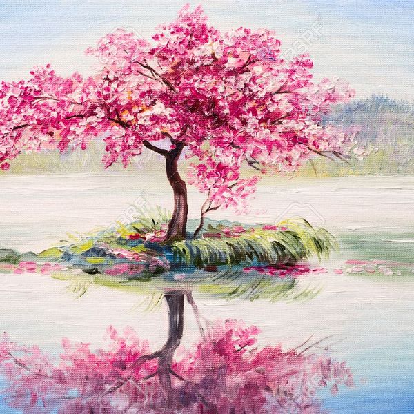56391054 peinture %c3%a0 l huile paysage cerisier oriental sakura sur le lac
